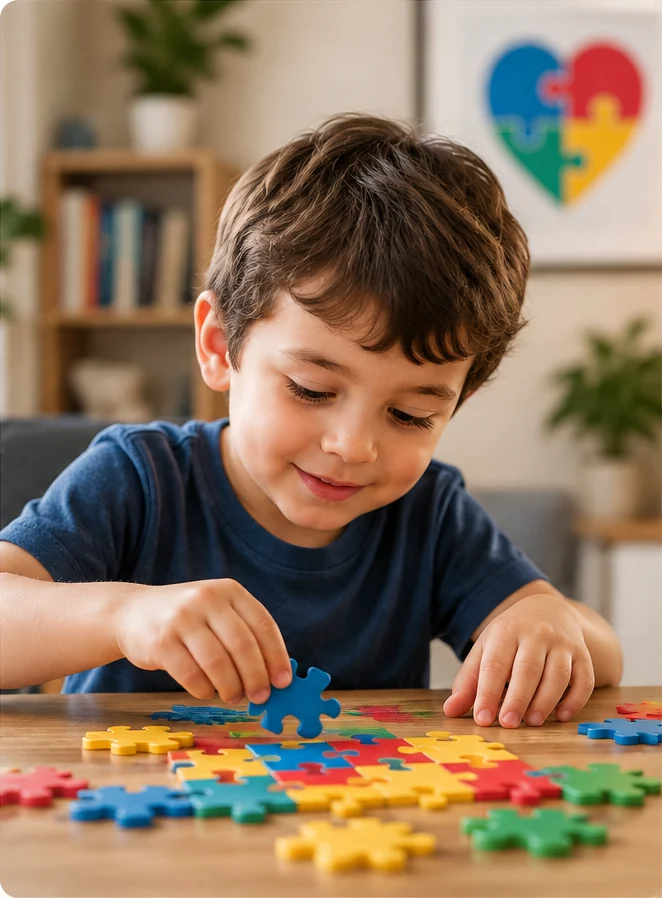 Criança montando um quebra-cabeça colorido